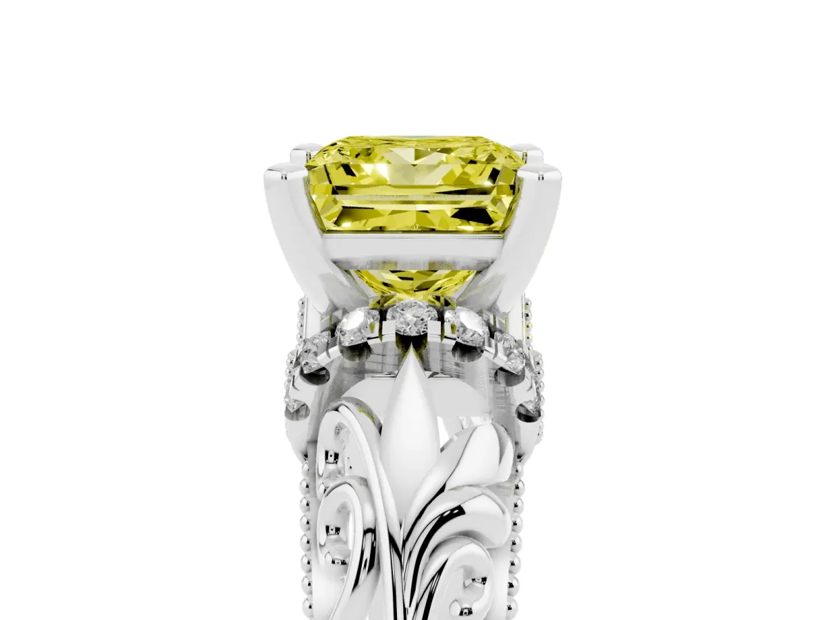 Fancy Yellow Princess Cut Solitaire Filigree Engagement Ring with Halo and Prong Setting White gold