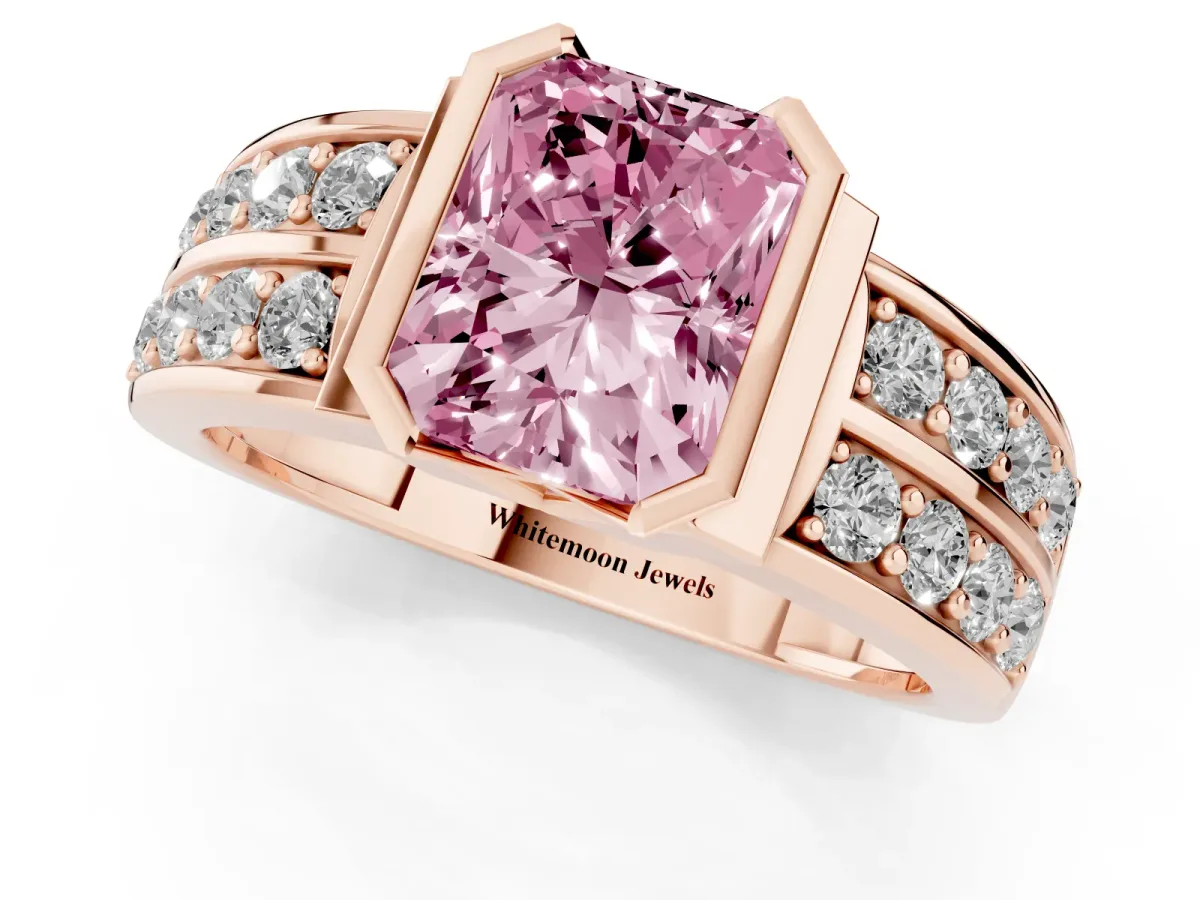 Fancy Pink Radiant Cut Brilliant Diamond Channel Set Wide Band Ring with Bezel Setting Rose gold