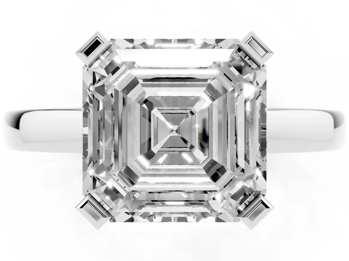 Asscher Cut Cut Solitaire Ring with Four-Prong Setting and Classic Band Silver