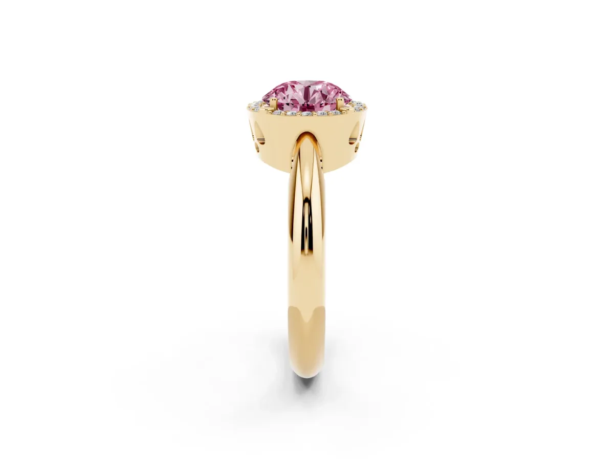 Fancy Pink Round Cut Cut Diamond Halo Engagement Ring with Split Shank and Four-Prong Setting Yellow gold