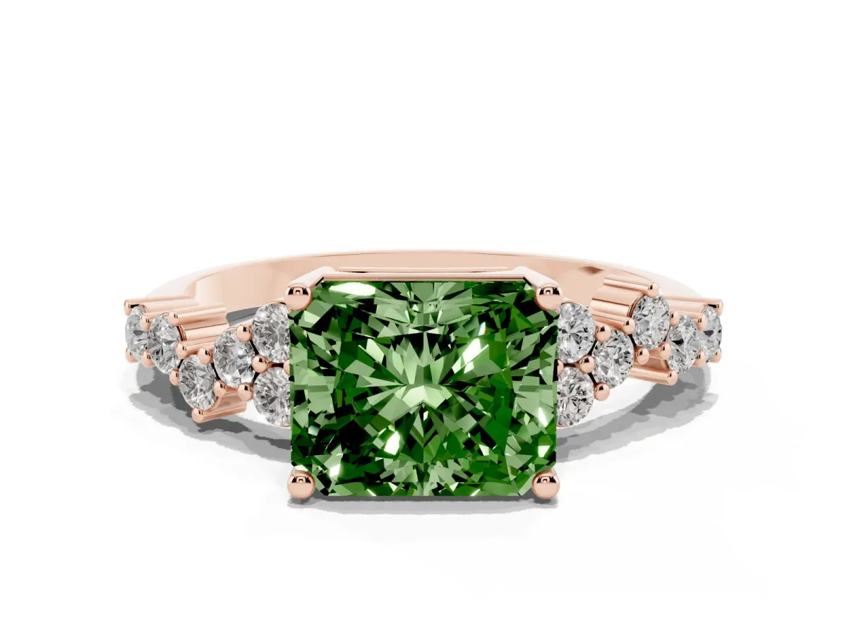 Fancy Green Radiant Cut Diamond Scattered Round Accent Ring with Prong Setting Rose gold