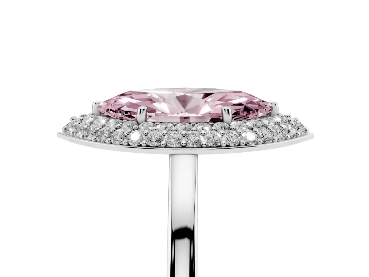 Fancy Pink Marquise Cut Halo Diamond Engagement Ring with Solitaire Band and Four-Prong Setting Platinum