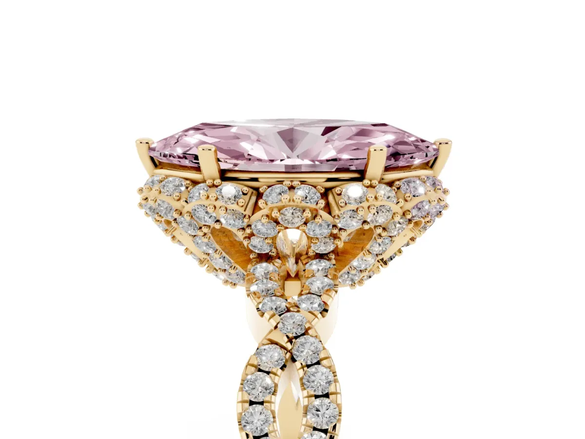 Fancy Pink Marquise Cut Halo Twist Band Solitaire Ring with Six-Prong Setting Yellow gold