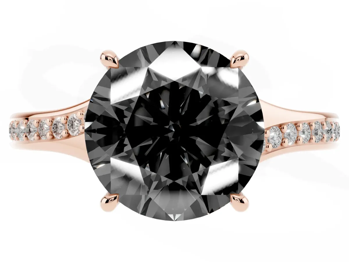Fancy Black Round Cut Diamond Solitaire Ring with Pavé Band and Prong Setting Rose gold