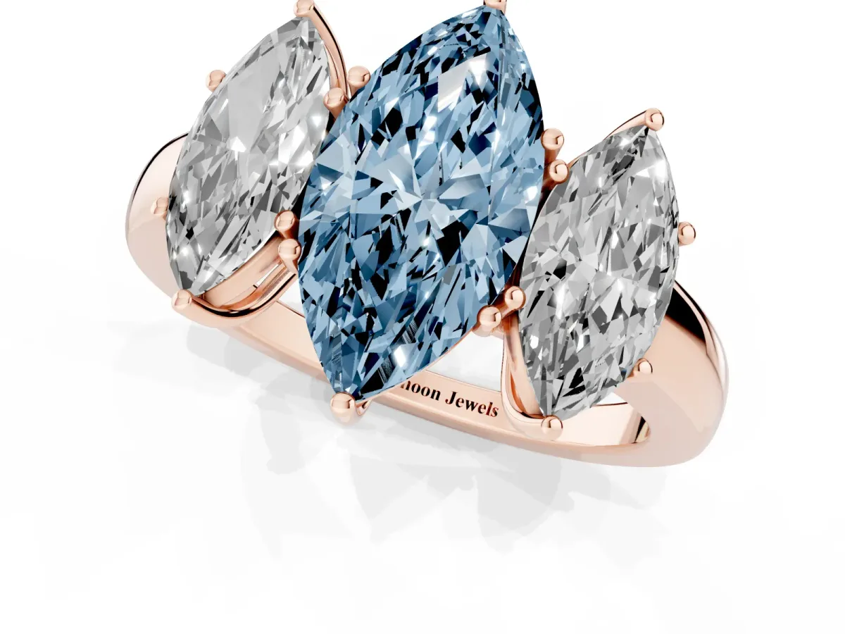 Fancy Blue Marquise Cut Diamond Three-Stone Ring with Four-Prong Setting and Classic Band Rose gold