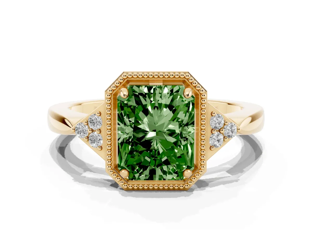 Fancy Green Radiant Cut Diamond Halo Ring with Tapered Band and Four-Prong Setting Yellow gold