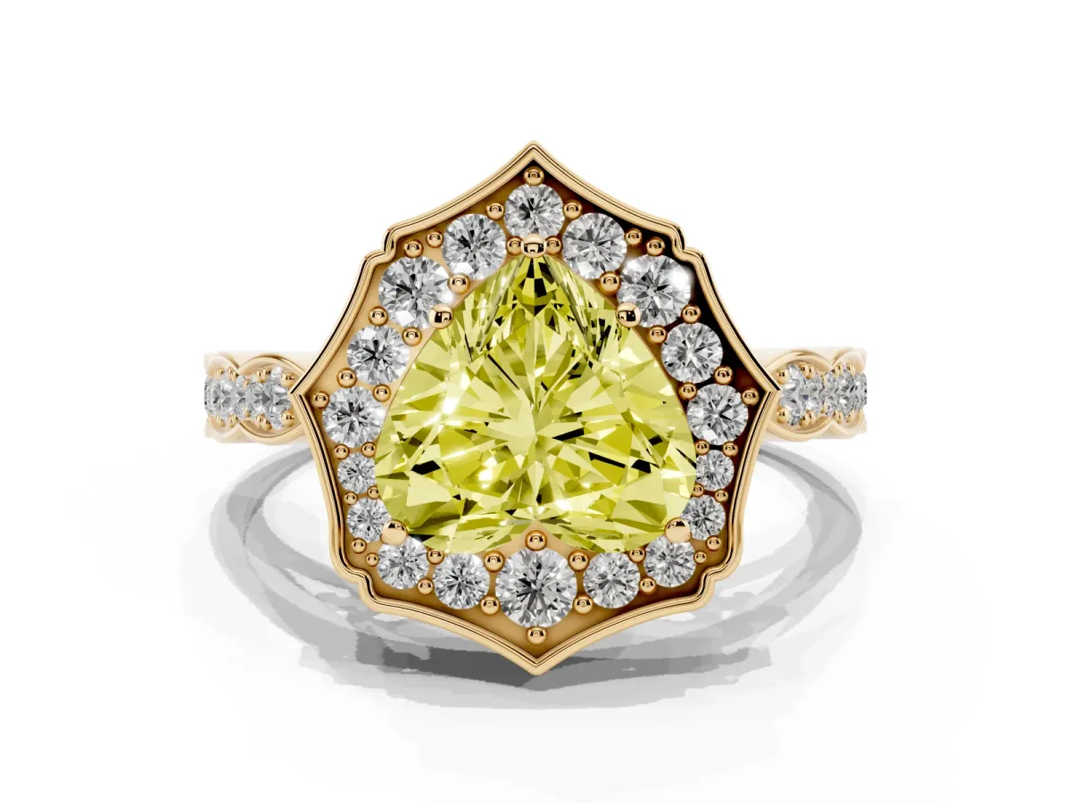 Fancy Yellow Heart Cut Halo Diamond Engagement Ring with Milgrain Band and Four-Prong Setting Yellow gold