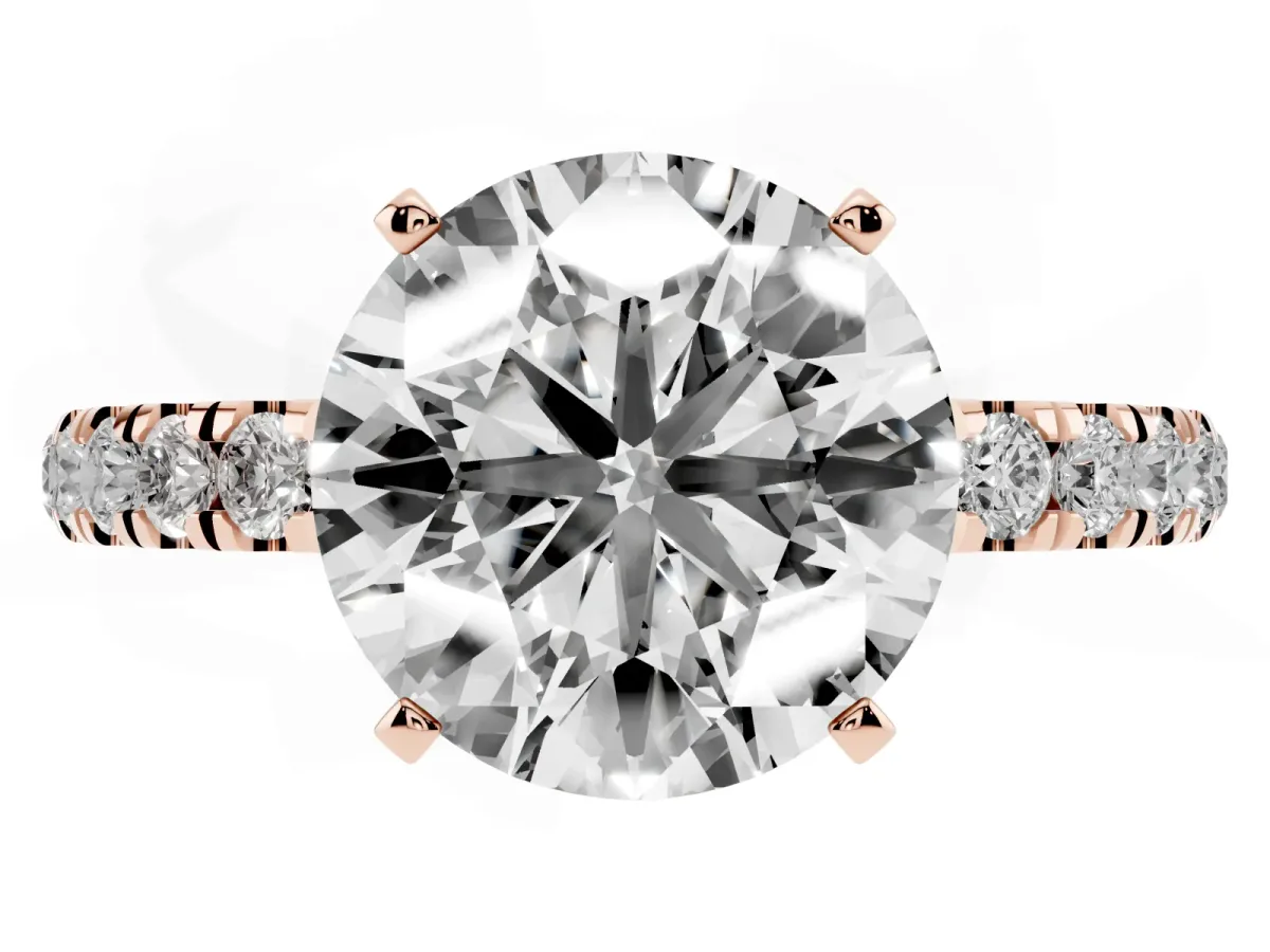 Round Cut Diamond Solitaire Ring with Pavé Accents and Four-Prong Setting Rose gold