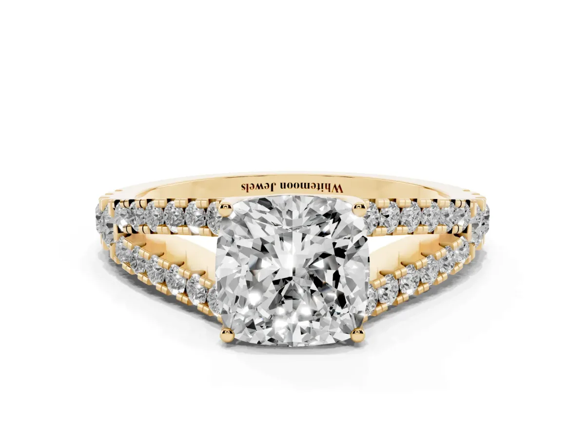 Cushion Cut Diamond Split Shank Engagement Ring with Round Pavé and Prong Setting Yellow gold