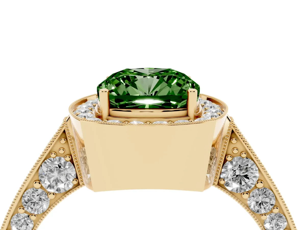 Fancy Green Cushion Cut Halo Diamond Engagement Ring with Split Shank Band and Four-Prong Setting Yellow gold