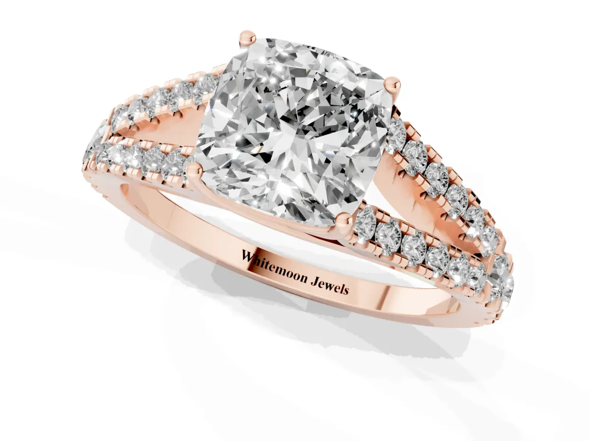 Cushion Cut Diamond Split Shank Pavé Engagement Ring with Four-Prong Setting Rose gold
