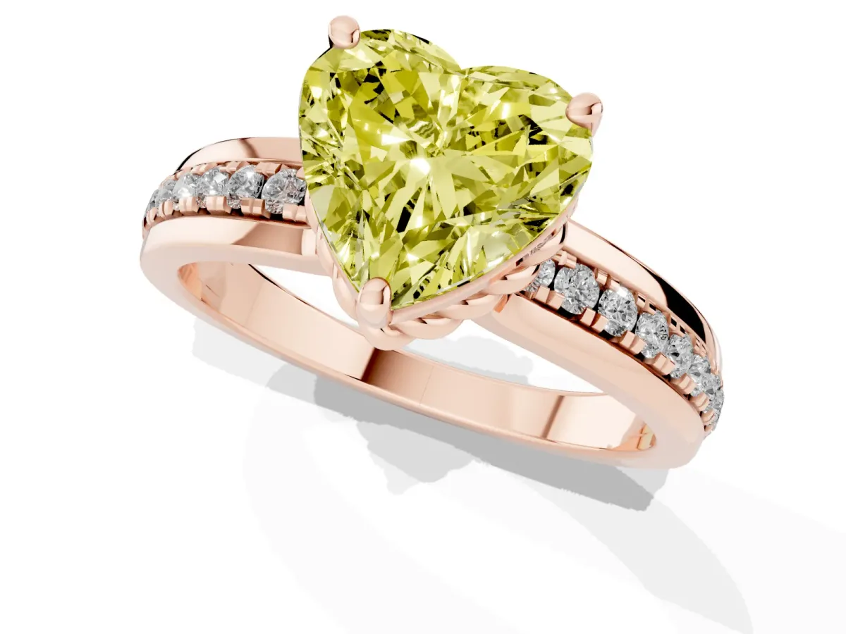 Fancy Yellow Heart Cut Solitaire Diamond Ring with Channel Set Band and Six-Prong Setting Rose gold