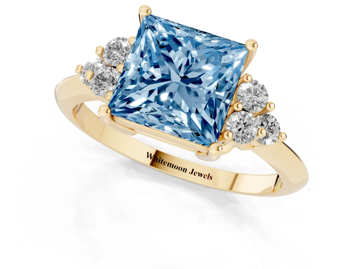 Fancy Blue Princess Cut Cut Diamond Cluster Ring with Solitaire Band and Four-Prong Setting Yellow gold