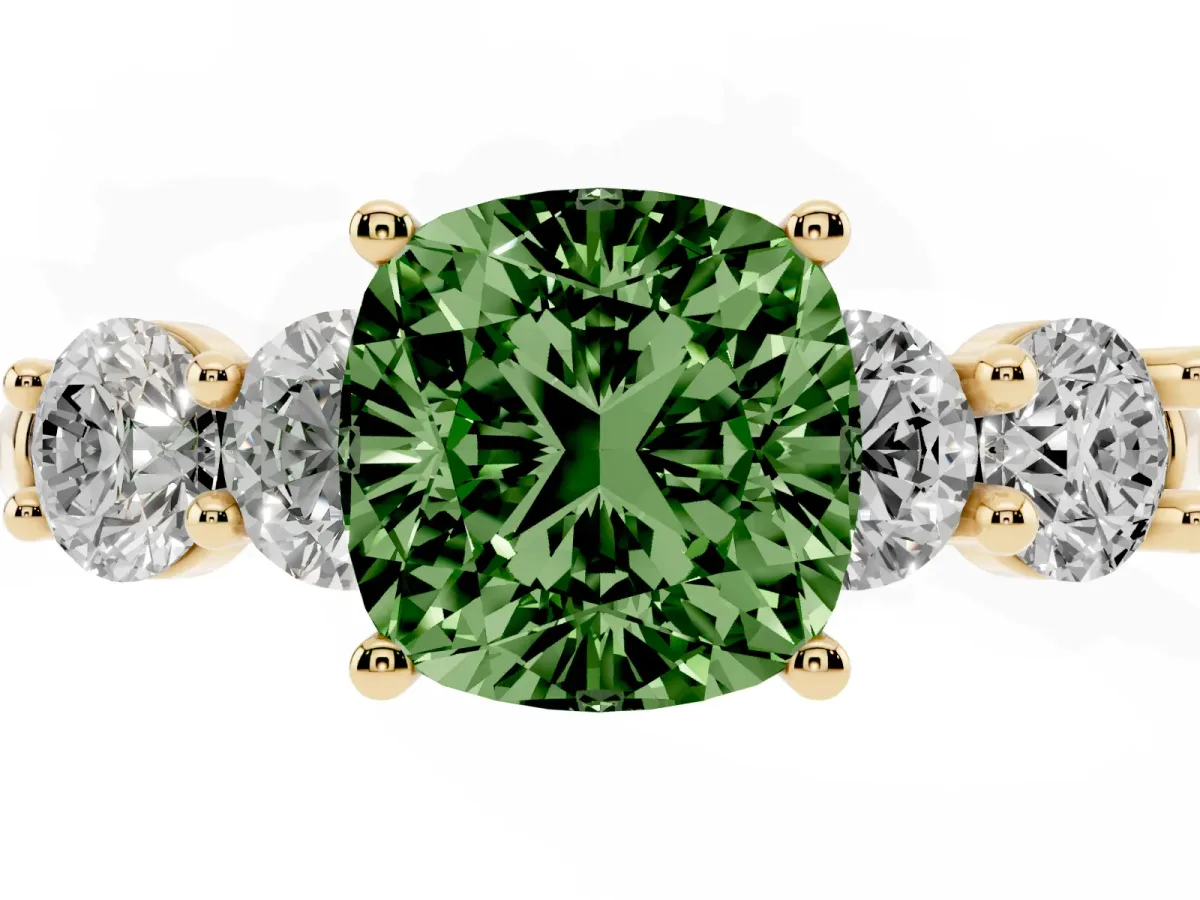 Fancy Green Cushion Cut Cut Five-Stone Prong Set Diamond Ring with Classic Band Yellow gold