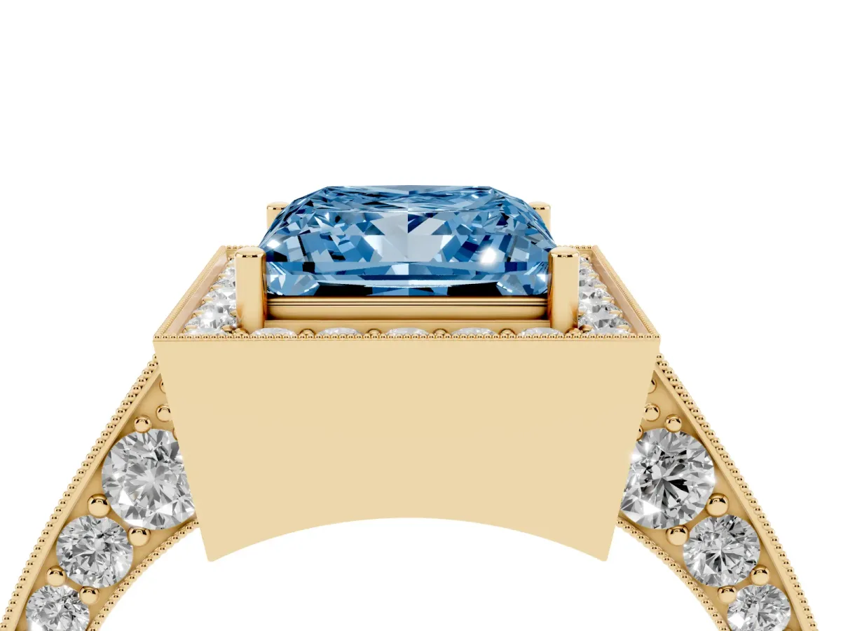 Fancy Blue Princess Cut Halo Diamond Engagement Ring with Split Shank Band and Four-Prong Setting Yellow gold