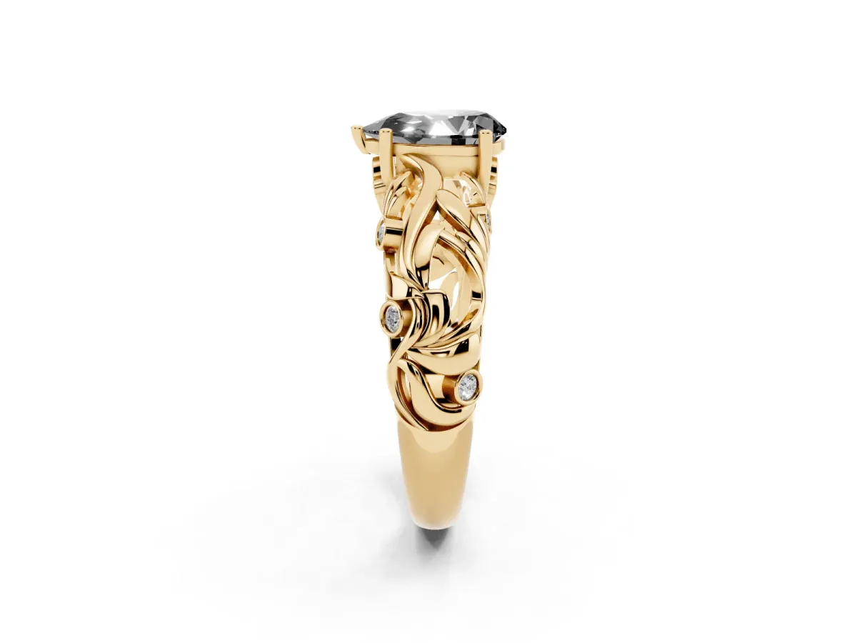 Fancy Black Pear Cut Solitaire Diamond Leaf-Inspired Vine Band Ring with Prong Setting Yellow gold