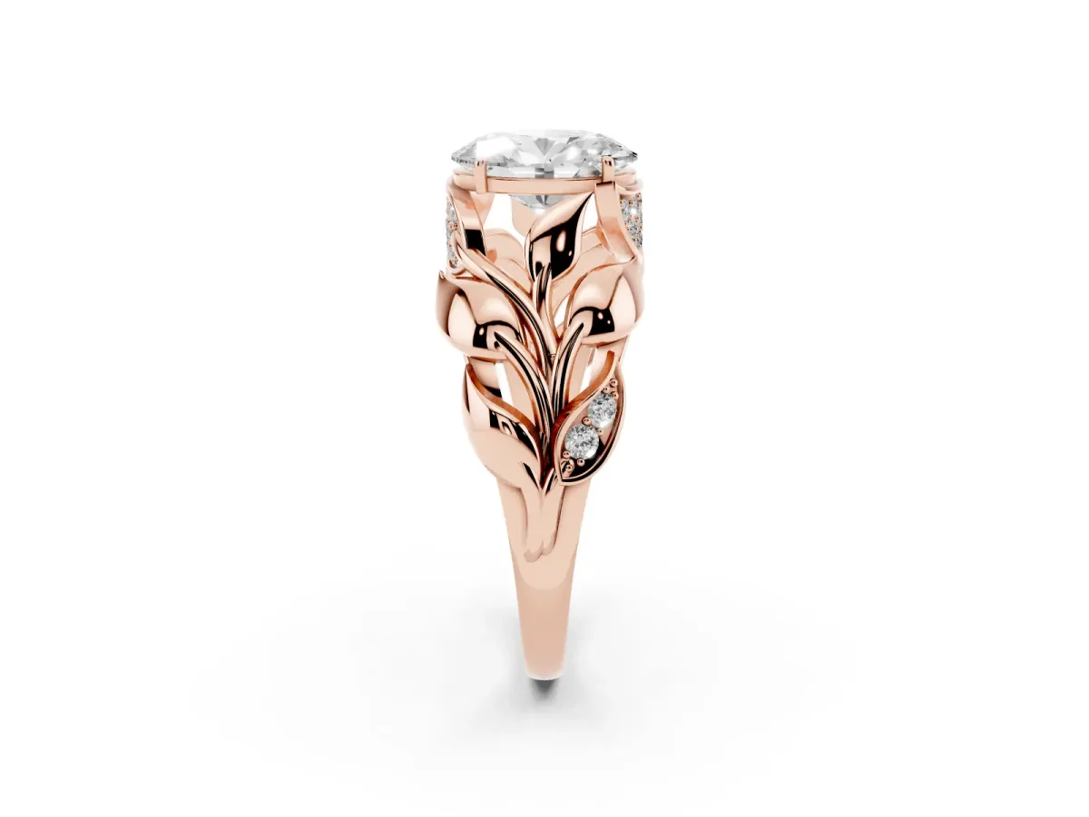 Oval Cut Diamond Leaf-Inspired Engagement Ring with Round Accents and Prong Setting Rose gold