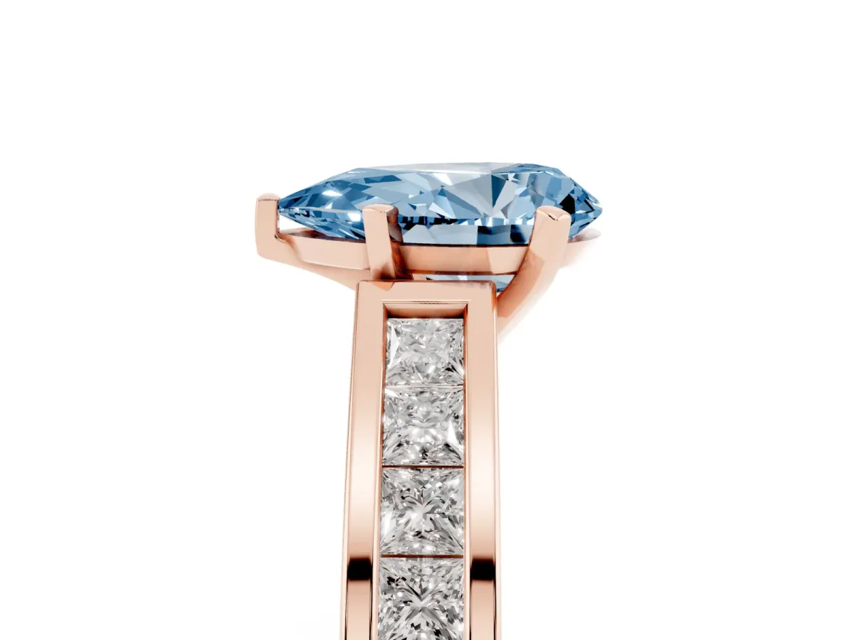 Fancy Blue Pear Cut Solitaire Diamond Ring with Channel-Set Band and Four-Prong Setting Rose gold