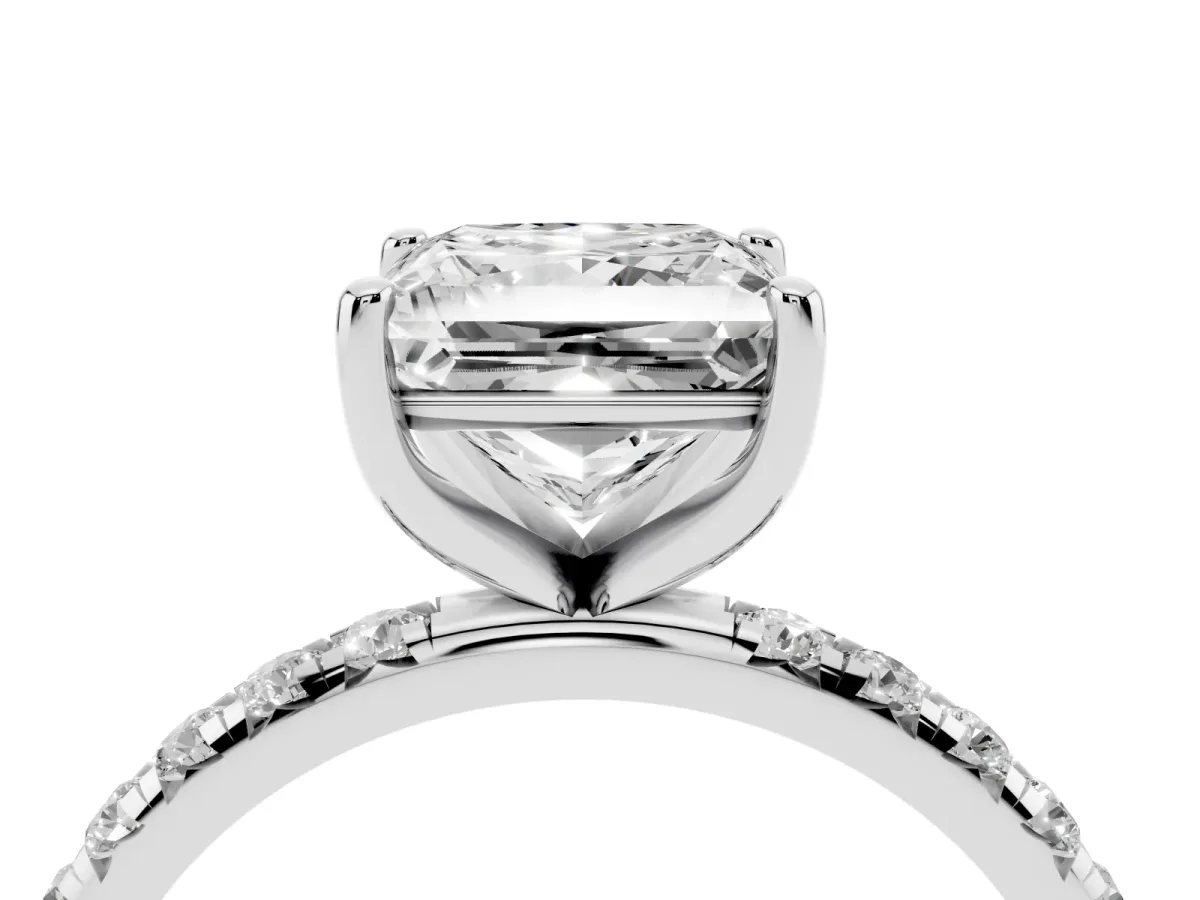 Princess Cut Cut Diamond Solitaire Ring with Micro Pave Band and Four Prong Setting Silver