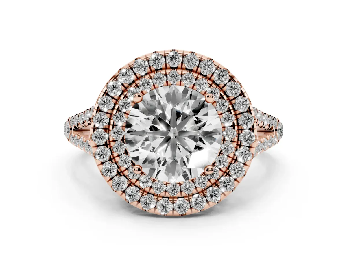 Round Cut Diamond Double Halo Ring with Pavé Band and Prong Setting Rose gold