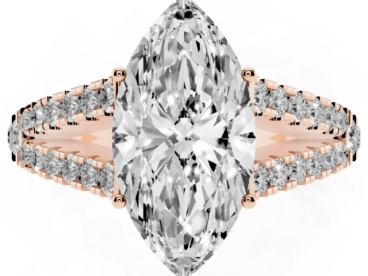 Marquise Cut Diamond Split Shank Pavé Engagement Ring with Four-Prong Setting Rose gold