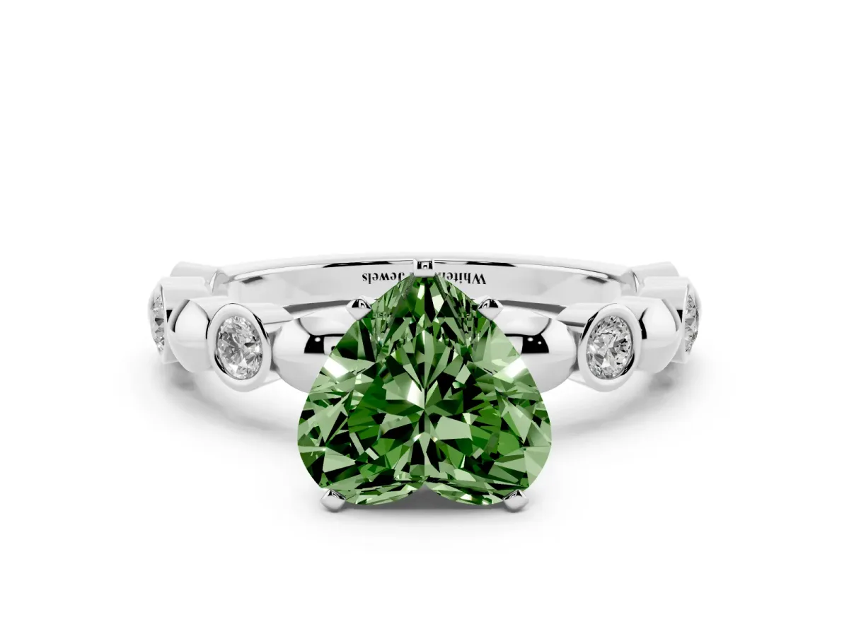 Fancy Green Heart Cut Solitaire Bezel-Set Diamond Ring with Beaded Band and Four-Prong Setting Silver