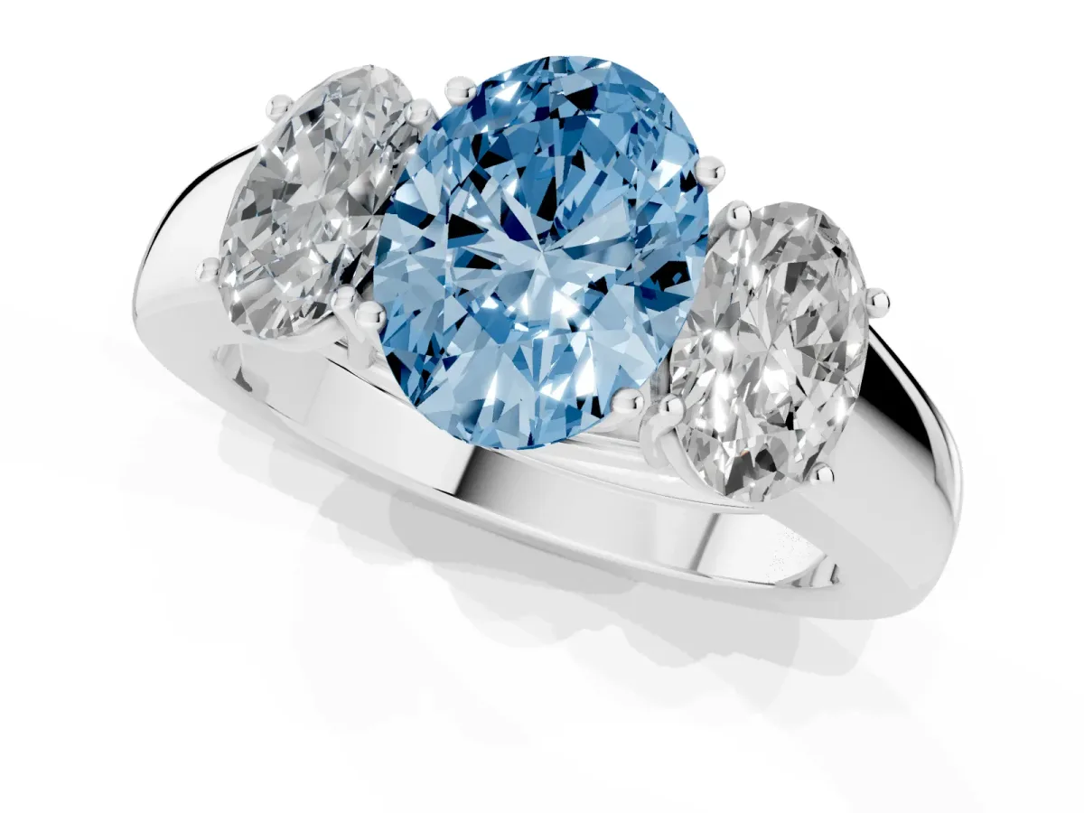 Fancy Blue Three-Stone Oval Cut Cut Diamond Ring with Prong Setting and Classic Band Silver