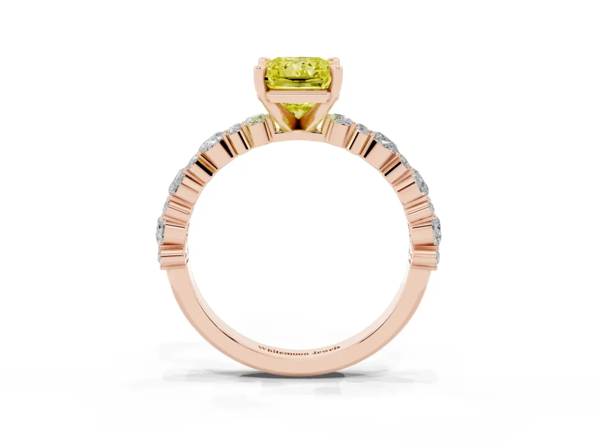 Fancy Yellow Radiant Cut Diamond Side Stone Solitaire Ring with Round and Four-Prong Setting Rose gold