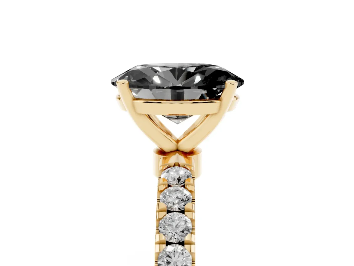 Fancy Black Oval Cut Diamond Solitaire Ring with Pavé Accents and Four-Prong Setting Yellow gold