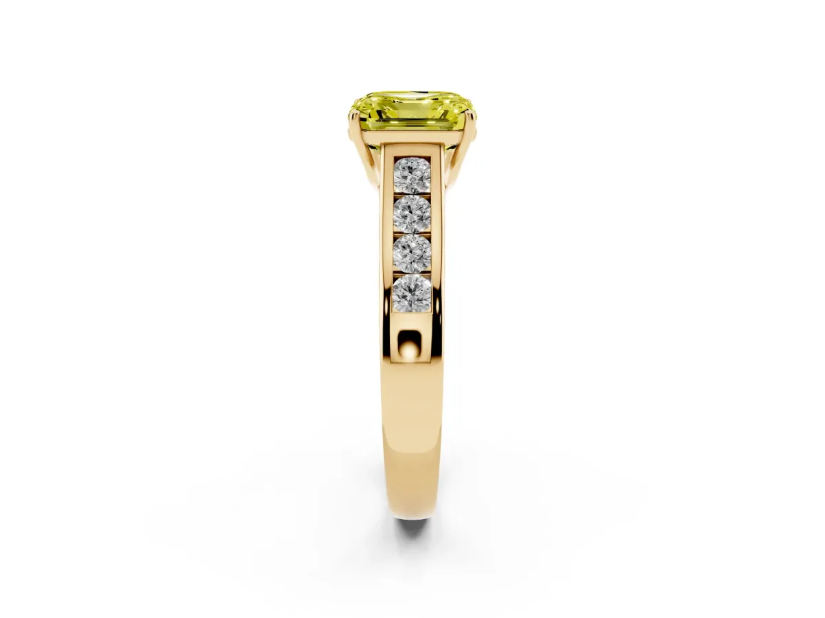 Fancy Yellow Asscher Cut Brilliant Channel-Set Solitaire Ring with Four-Prong Setting Yellow gold
