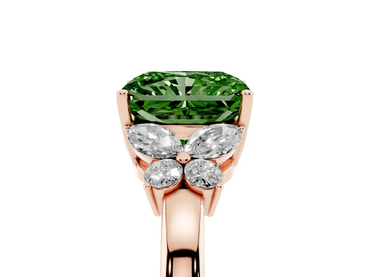 Fancy Green Radiant Cut Cut Solitaire Floral Diamond Ring with Four-Prong Setting Rose gold