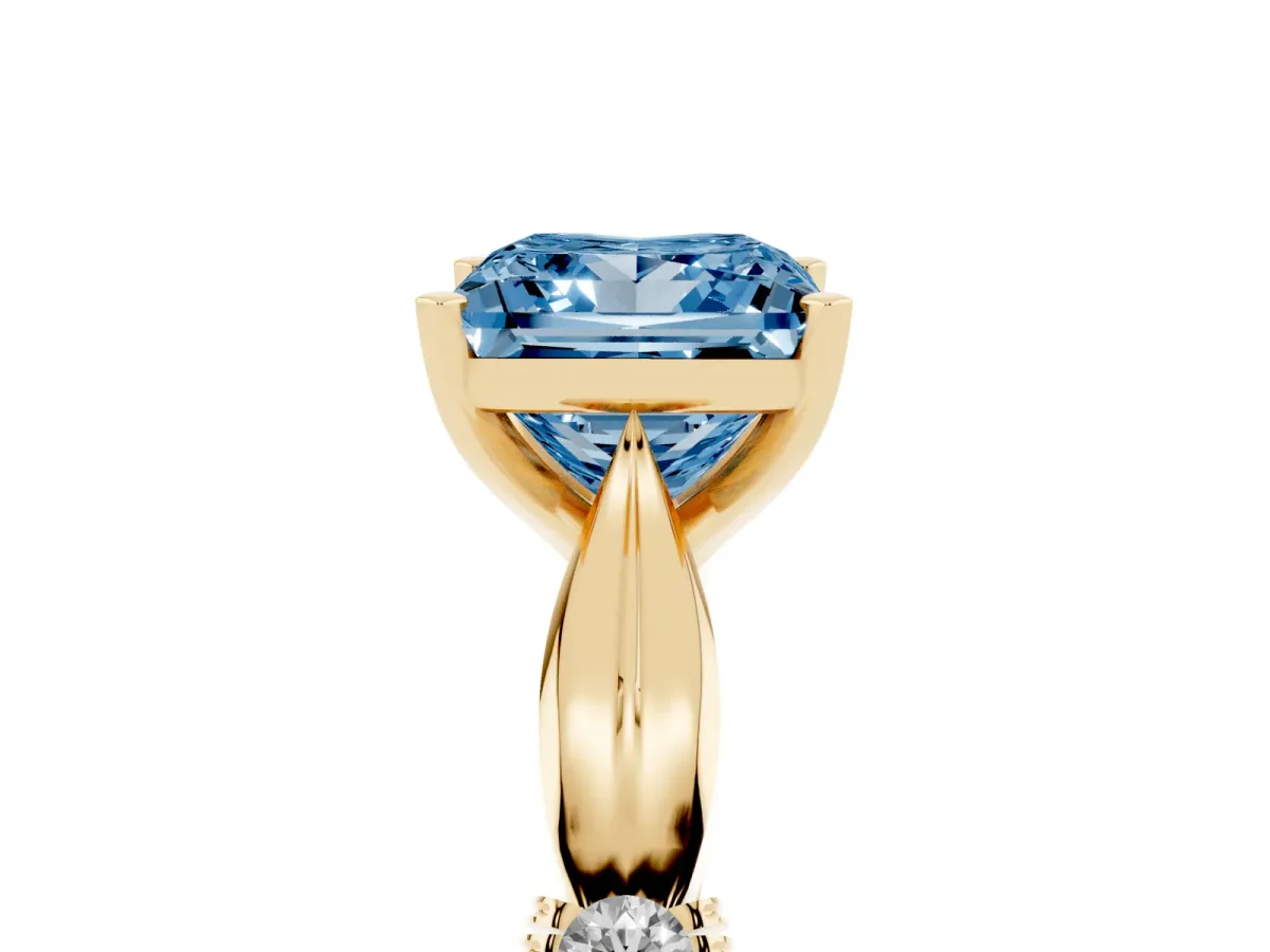 Fancy Blue Princess Cut Solitaire Diamond Twisted Band with Four-Prong Setting Yellow gold