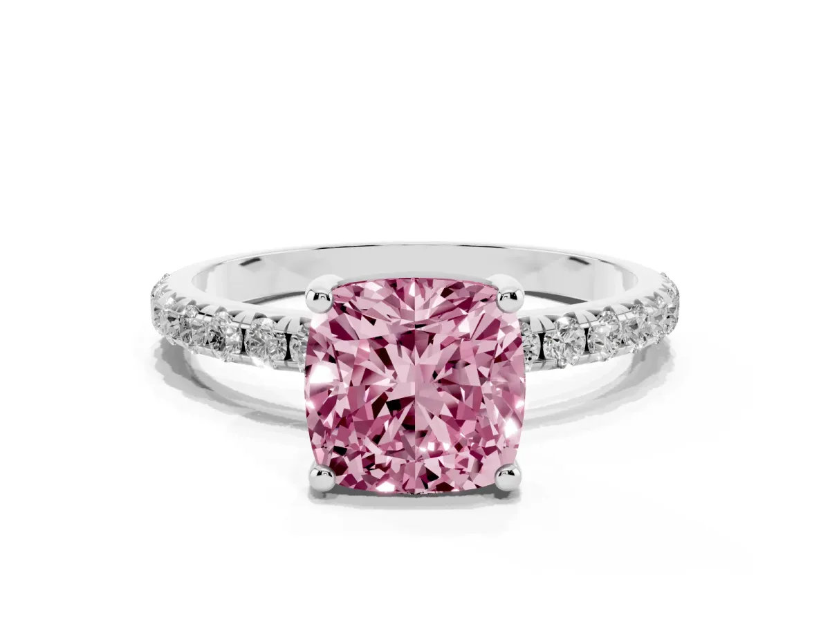 Fancy Pink Cushion Cut Cut Diamond Solitaire Ring with Micro Pave Band and Four Prong Setting Silver