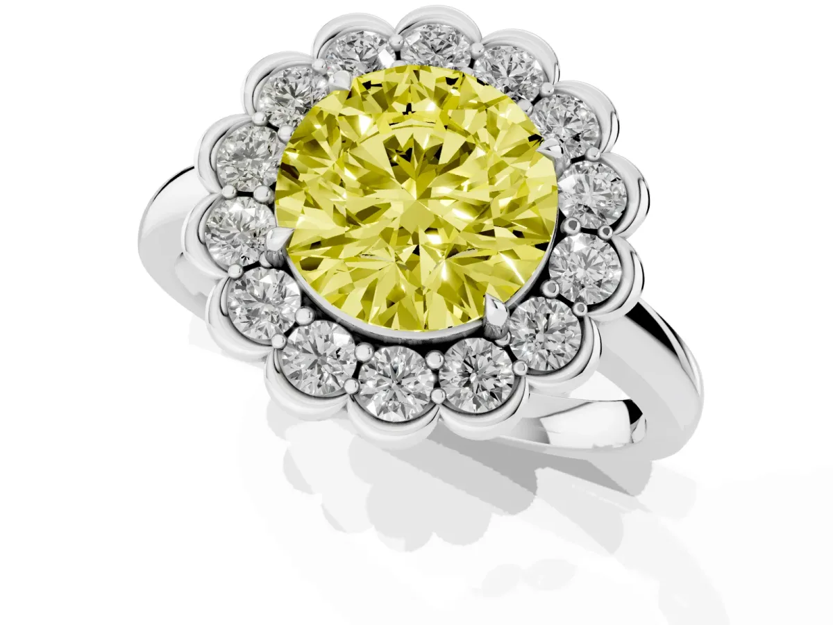 Fancy Yellow Round Cut Halo Cluster Diamond Engagement Ring with Solitaire Band and Prong Setting Platinum