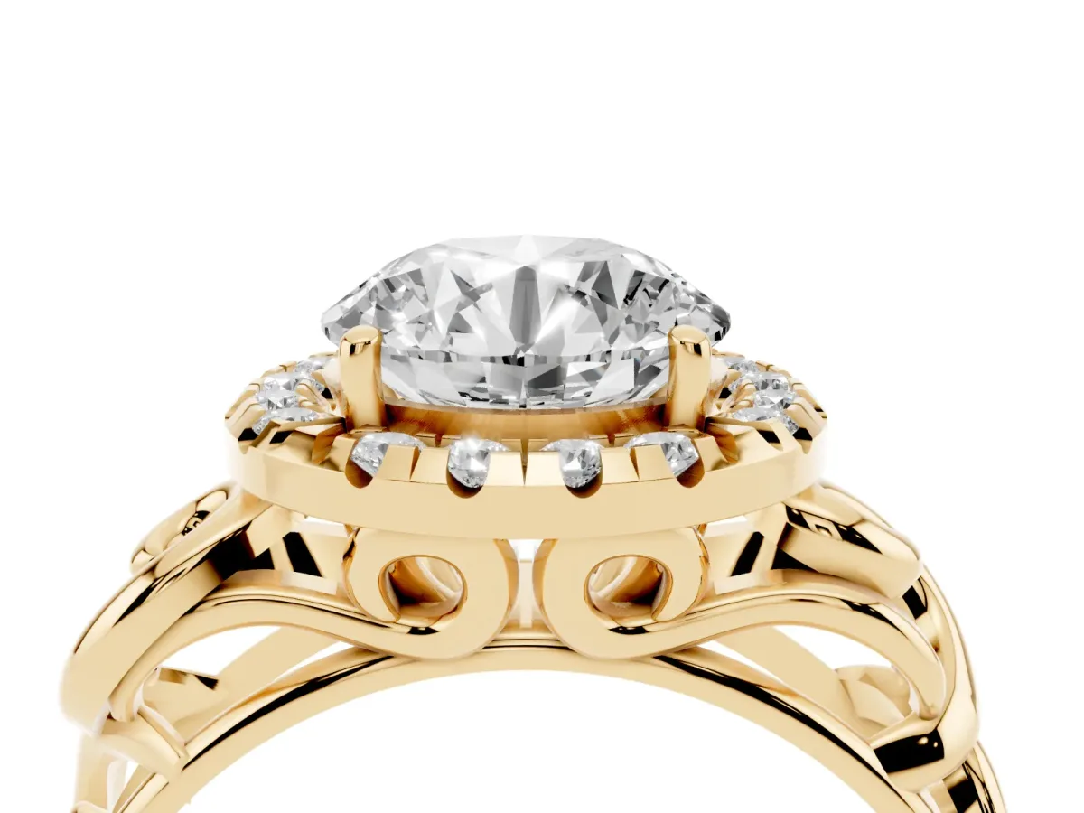 Round Cut Cut Halo Diamond Ring with Scrollwork Band and Four-Prong Setting Yellow gold