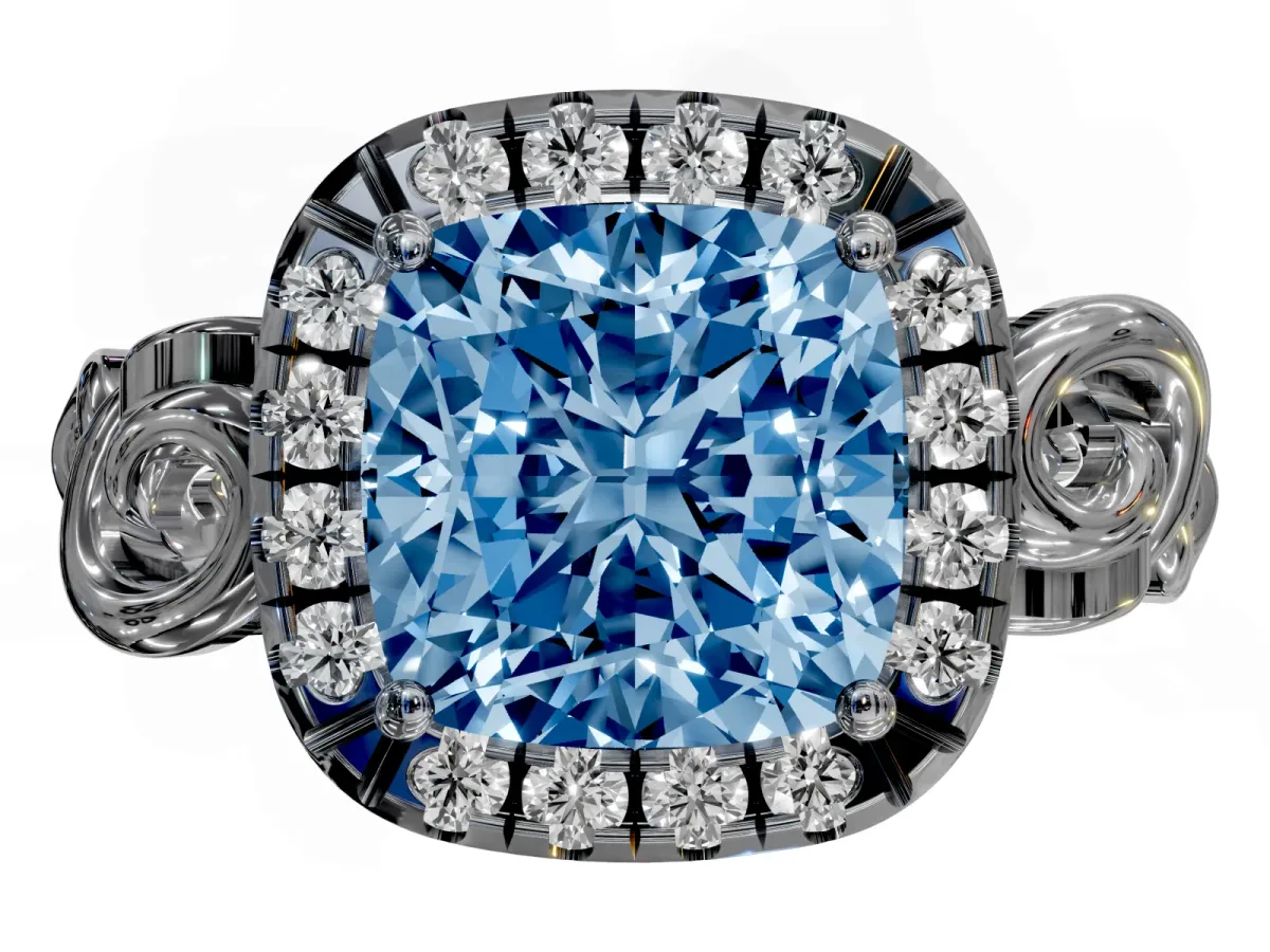 Fancy Blue Cushion Cut Cut Halo Diamond Ring with Scrollwork Band and Four-Prong Setting Silver