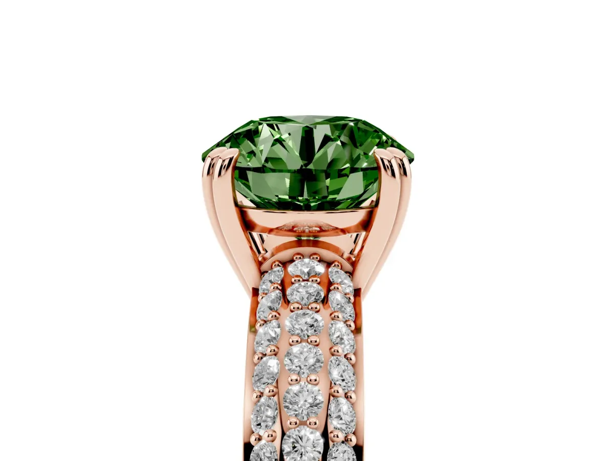 Fancy Green Round Cut Diamond Solitaire Ring with Multi-Row Round Pavé Band and Prong Setting Rose gold