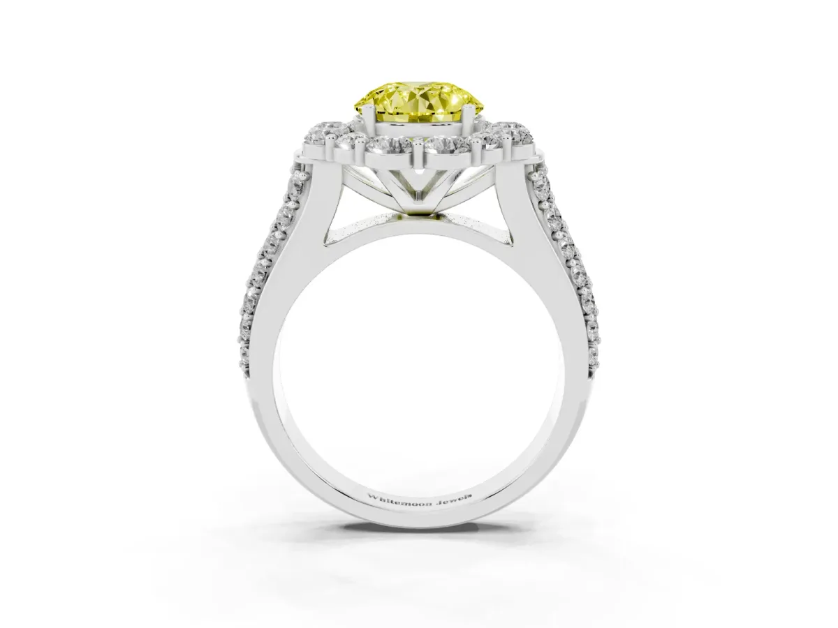 Fancy Yellow Round Cut Halo Diamond Engagement Ring with Split Shank and Prong Setting Silver