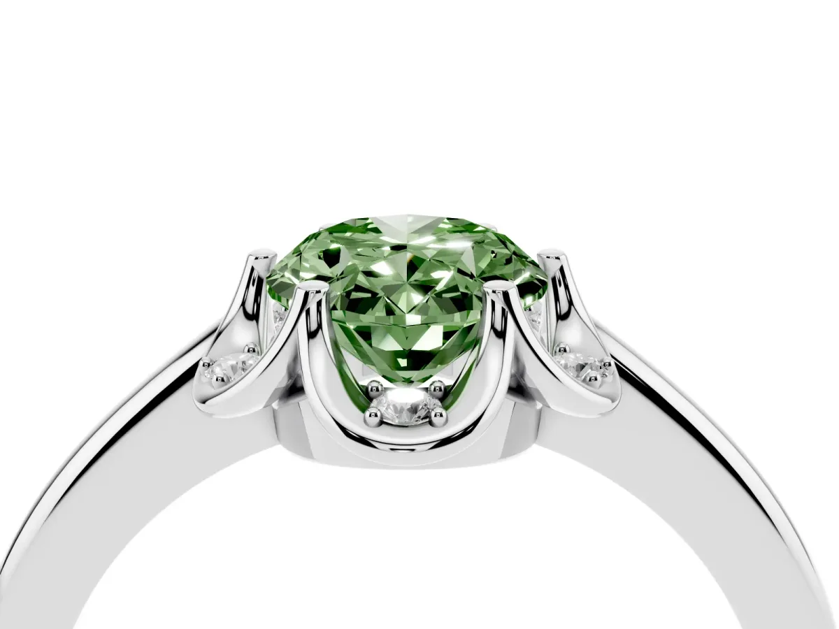 Fancy Green Oval Cut Halo Diamond Ring with Round Cluster Setting, Solitaire Band, and Four-Prong Setting White gold