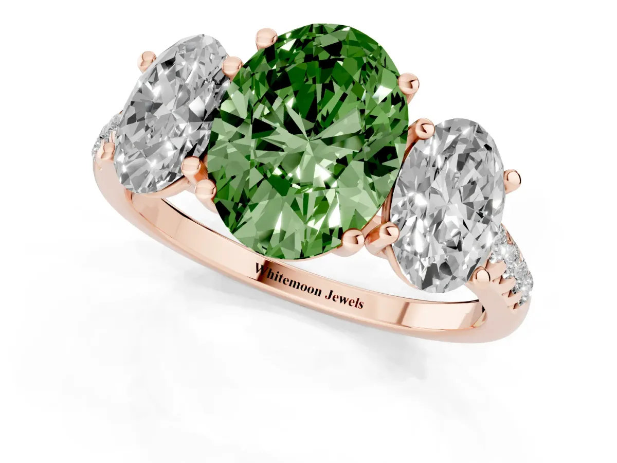 Fancy Green Three-Stone Oval Cut Diamond Ring with Round Pavé Band and Prong Setting Rose gold