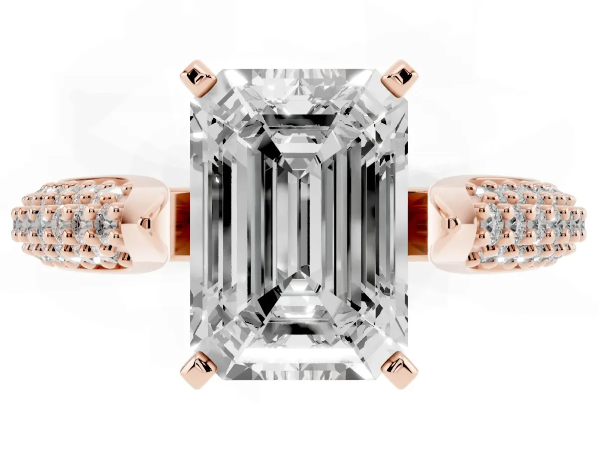 Emerald Cut Diamond Solitaire Engagement Ring with Multi-Row Round Pavé Band and Prong Setting Rose gold