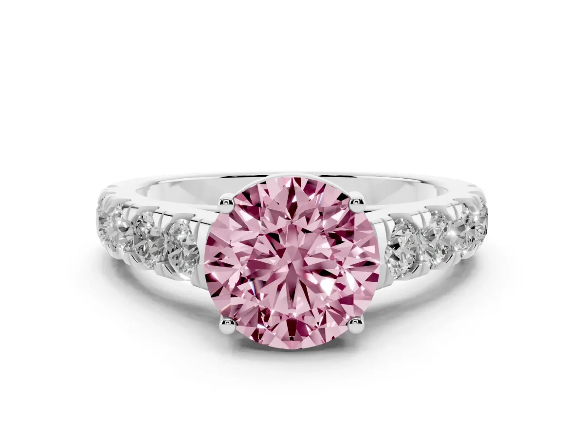 Fancy Pink Round Cut Cut Diamond Solitaire Ring with Micro Pave Band and Prong Setting Silver