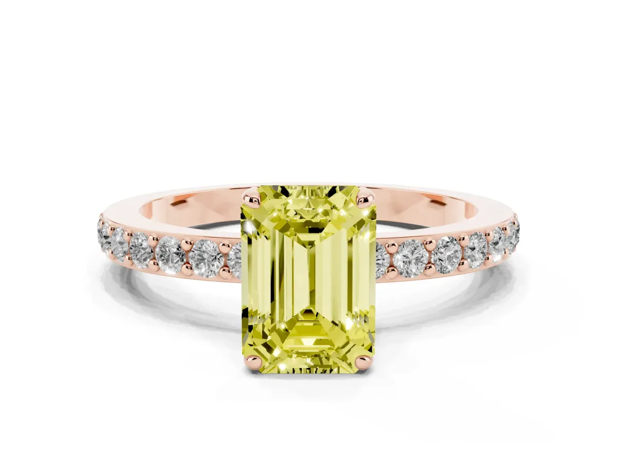 Fancy Yellow Emerald Cut Diamond Pavé Engagement Ring with Round Accents and Prong Setting Rose gold