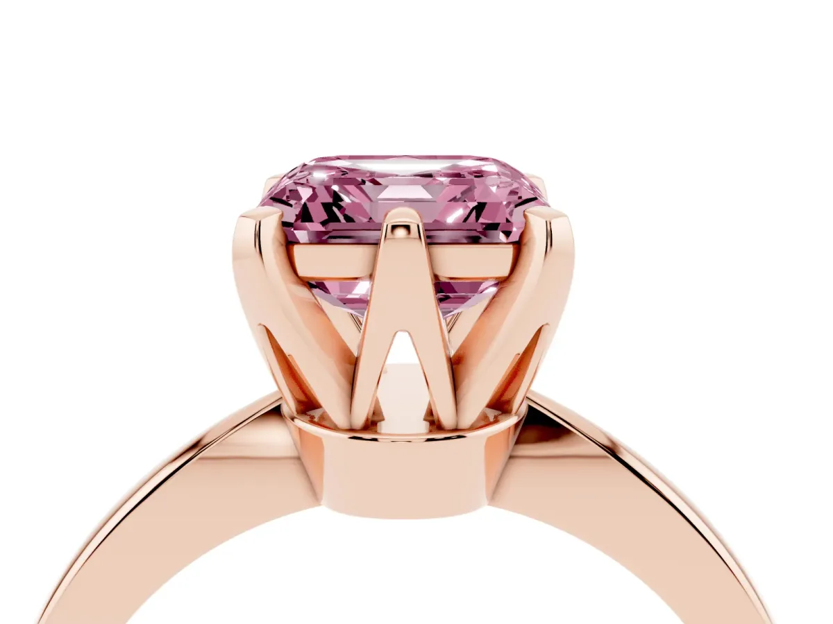 Fancy Pink Asscher Cut Solitaire Engagement Ring with Six-Prong Setting and Tapered Band Rose gold