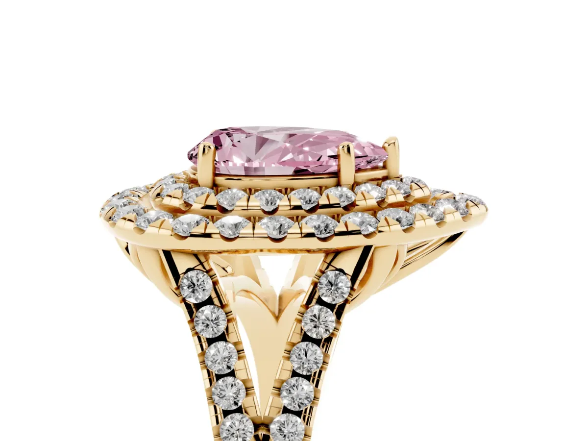 Fancy Pink Double Halo Pear Cut Diamond Pavé Split Shank Ring with Prong Setting Yellow gold