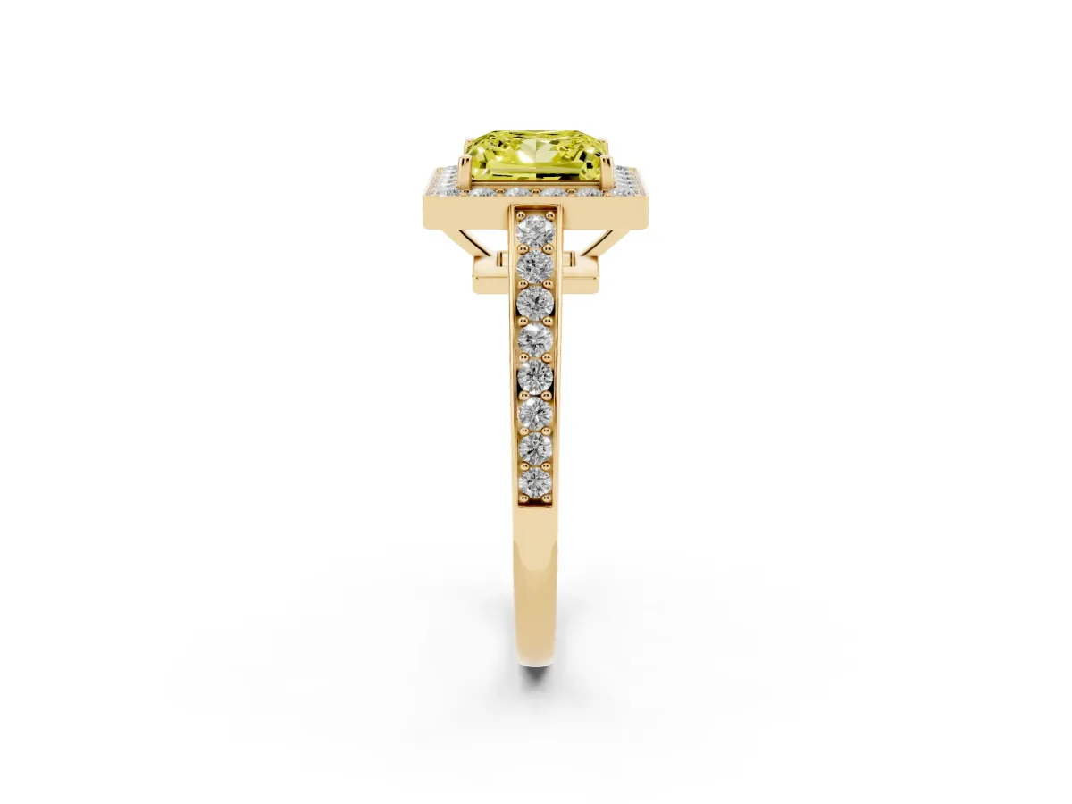 Fancy Yellow Princess Cut Halo Pavé Diamond Engagement Ring with Bezel Setting Yellow gold