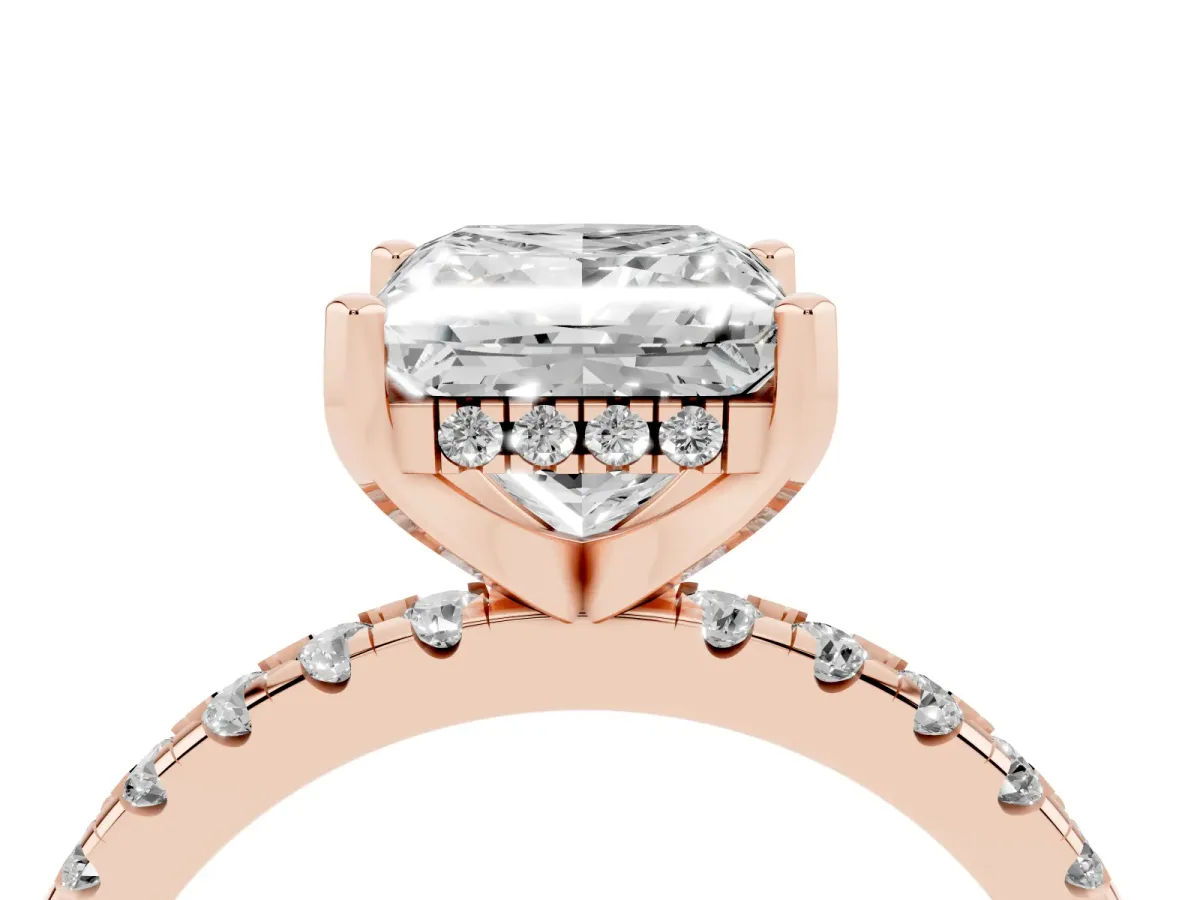 Princess Cut Diamond Solitaire Ring with Round Pavé Band and Four-Prong Setting Rose gold