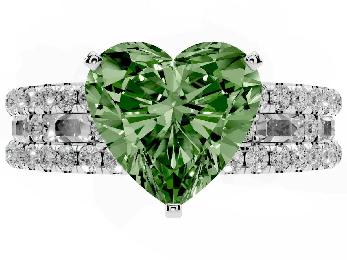 Fancy Green Heart Cut Diamond Solitaire Ring with Pavé and Channel Set Band Platinum