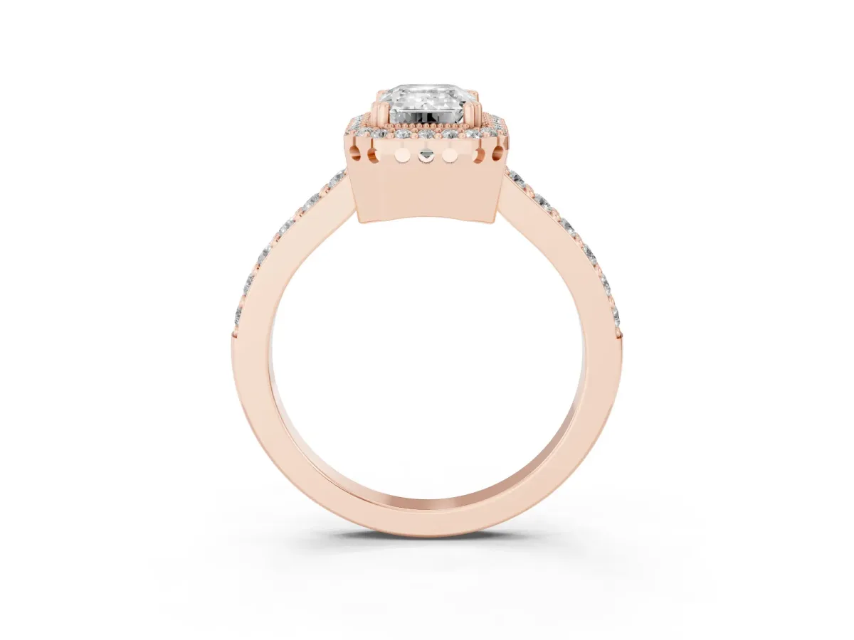 Emerald Cut Cut Diamond Halo Engagement Ring with Milgrain Detail and Pavé Band Rose gold