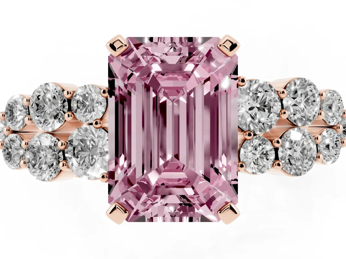 Fancy Pink Emerald Cut Cluster Diamond Engagement Ring with Pavé Band and Four-Prong Setting Rose gold